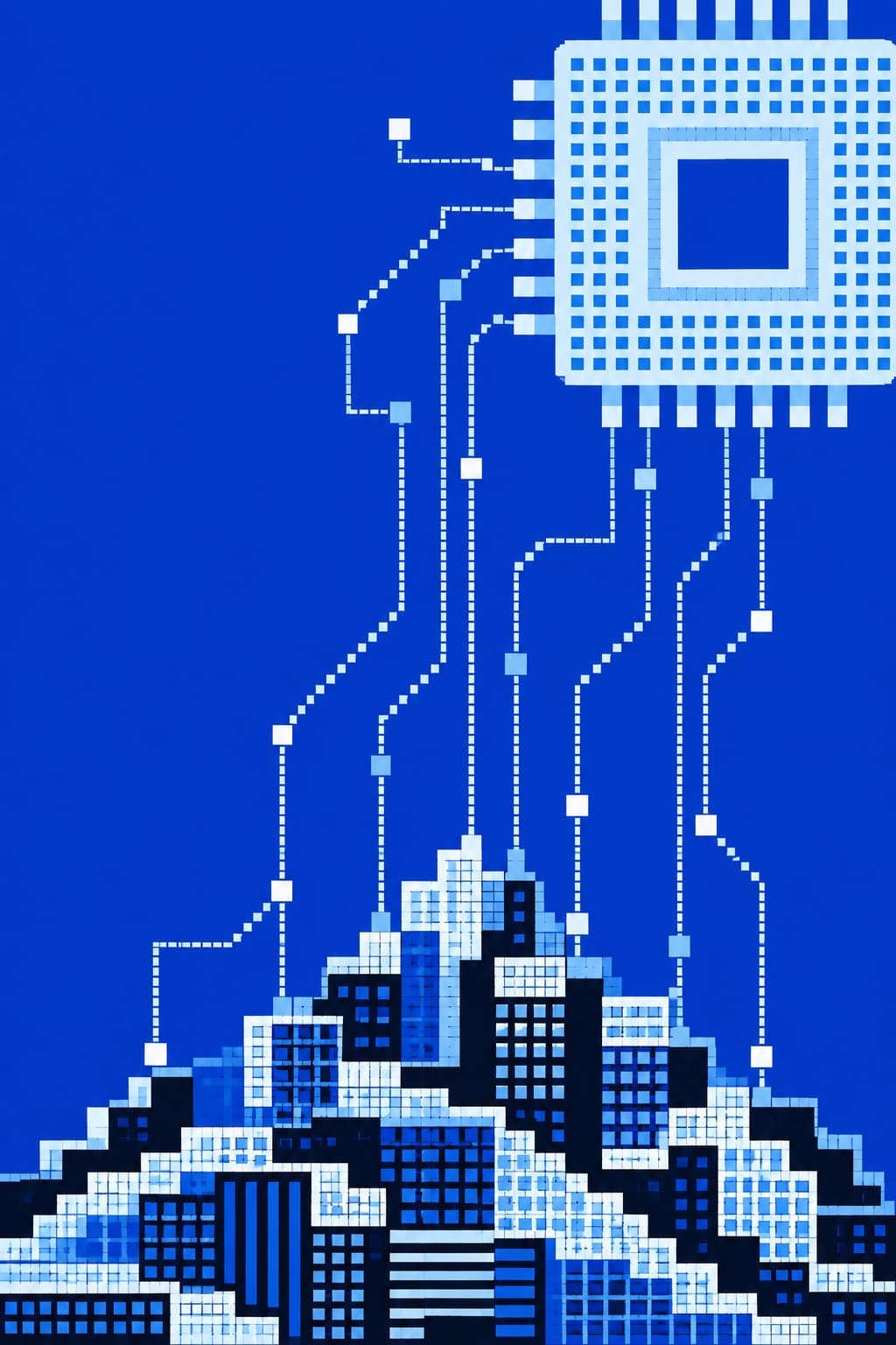 A pixel-art processor sending signal lines down into a city of buildings